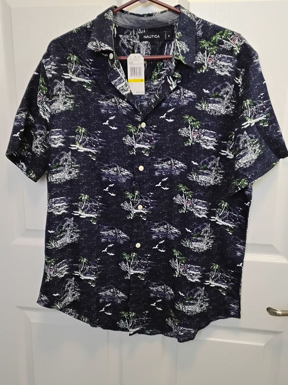 Nautica Men’s Navy Palm Island Print Short-Sleeve Button-Down Shirt‎ NWT
